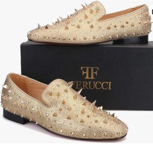 NIOB FERUCCI Men Gold Spikes Slippers Loafers Flat‎ Crystal GZ Rhinestone Size 8 - Picture 1 of 9